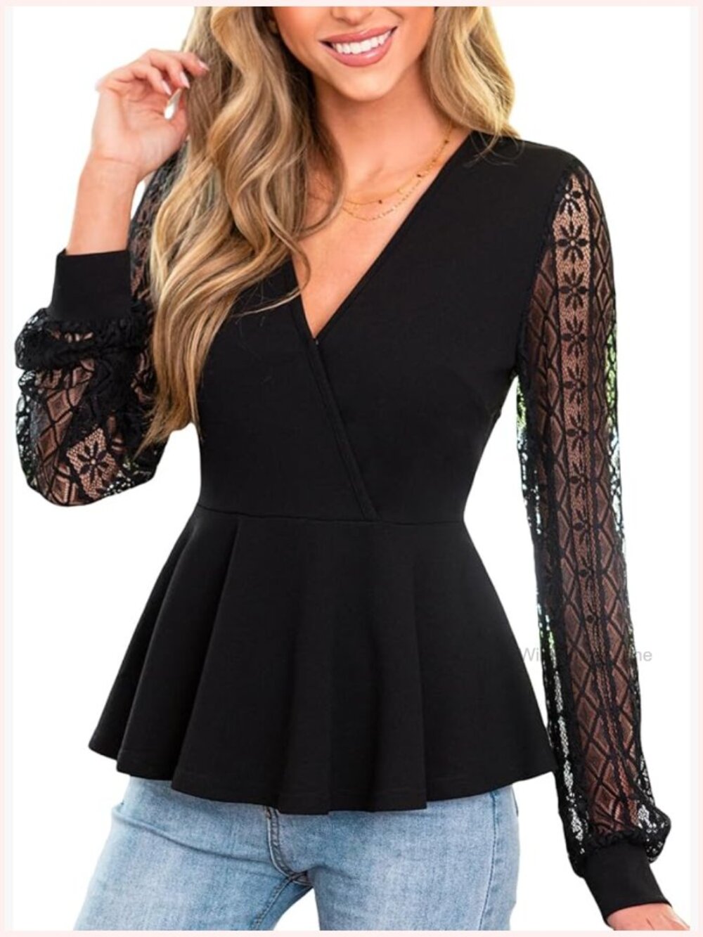 Eyelet Lace V Neck Long Floral Sleeve Blouse Casual Dressy Top